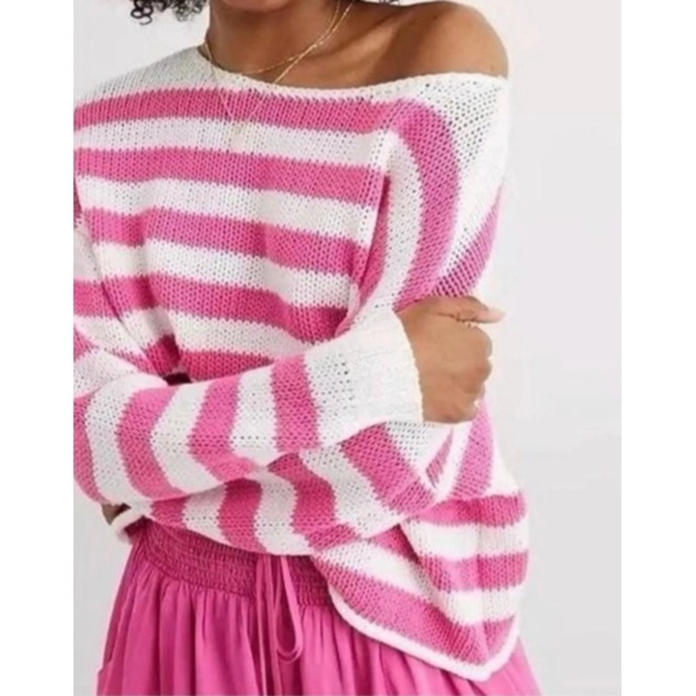 Aerie‎ Pink White Striped Off the Shoulder Sweater Sz Med Small Oversized Knit